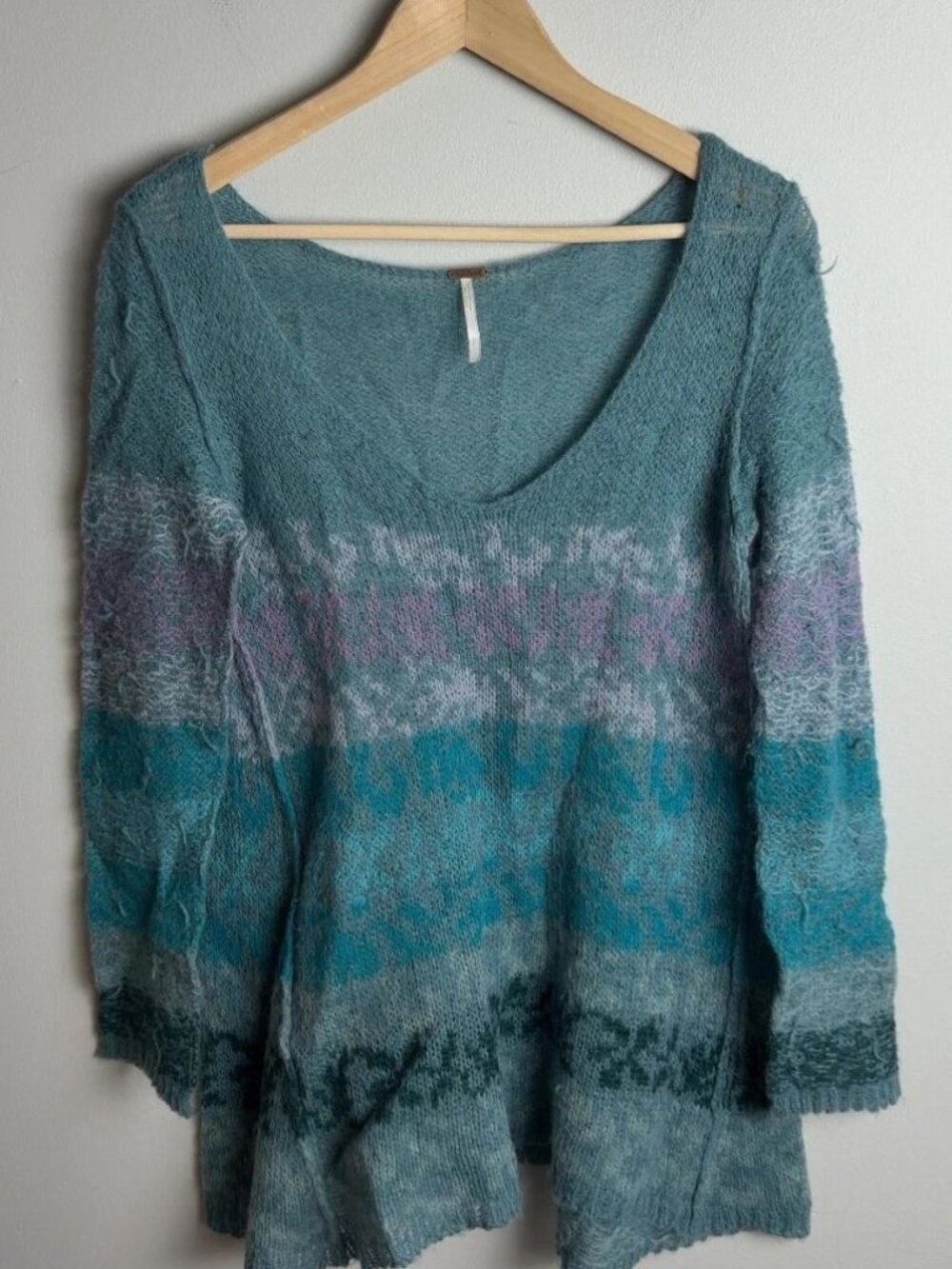 Free People Alpaca Wool Blend Striped Knit Sweater Teal Purple Boho Size Small - Picture 1 of 8